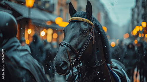 Majestic horse strides through city streets adorned in tailored sophistication, embodying street style. photo
