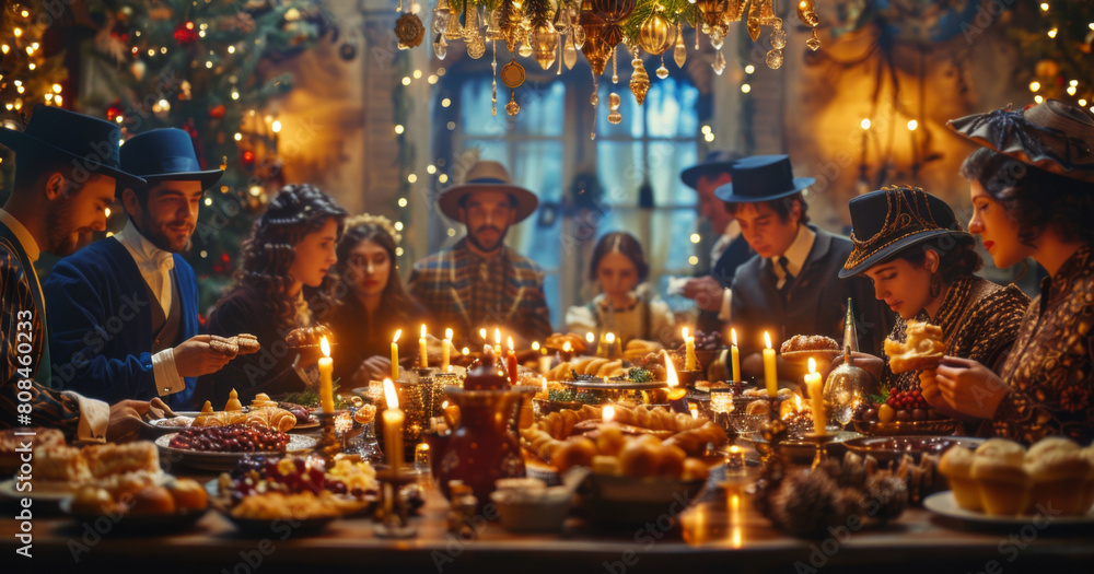 Elegant group celebrating with a festive dinner in a lavishly decorated, candle-lit room with vintage style.