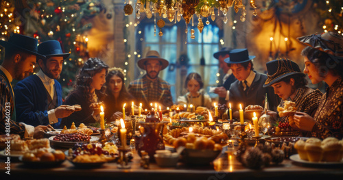 Elegant group celebrating with a festive dinner in a lavishly decorated, candle-lit room with vintage style.