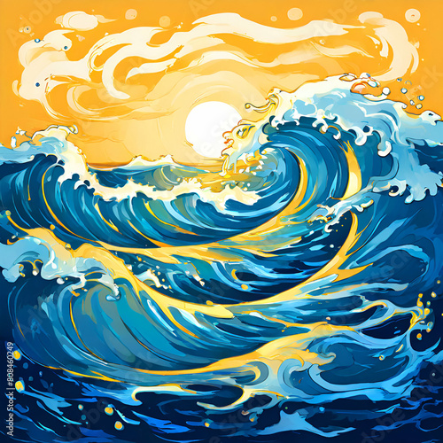 magical fairytale ocean waves art painting unique blue and gold wavy swirls of magic water fairyta,generate ai