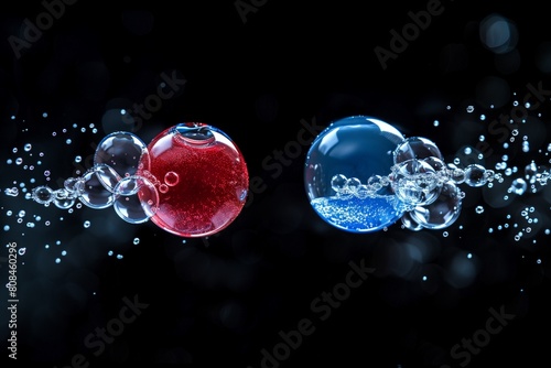 Red and Blue Liquid bubble, Molecule inside Liquid Bubble on water splash background abstract physics. Cosmetic Essence