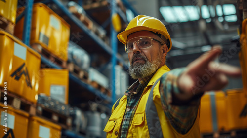 Mature industrial worker with beard in yellow hard hat pointing while instructing in a large manufacturing plant.