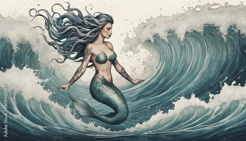 Illustrate a tattoo design of a mythical mermaid s
