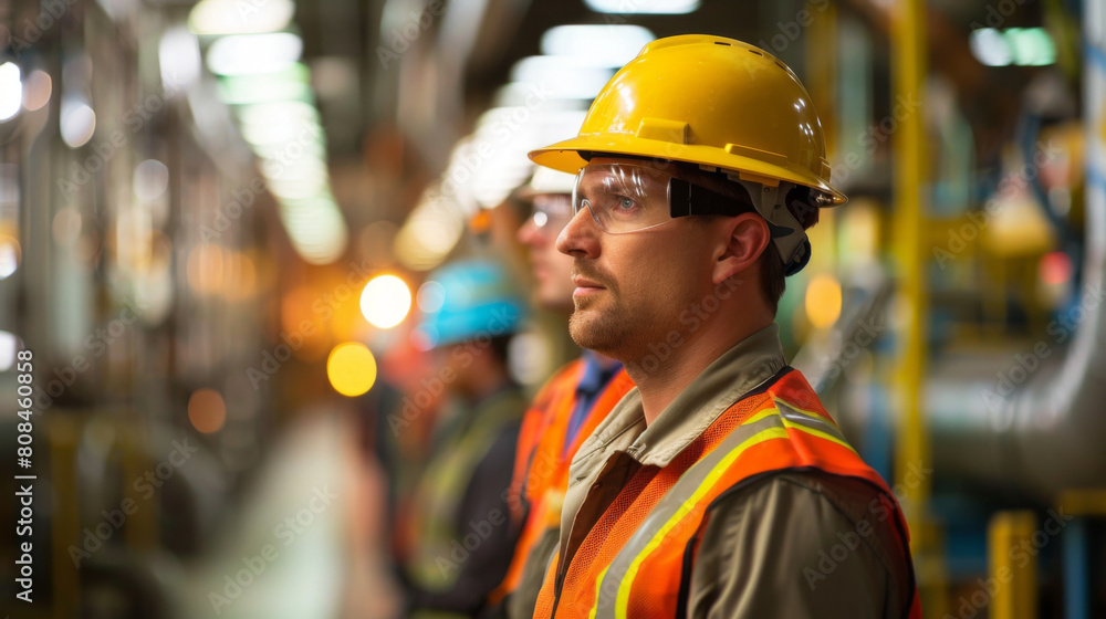 Focused industrial worker wearing safety gear inside a busy manufacturing plant. Focused industrial worker wearing safety gear inside a busy manufacturing plant.