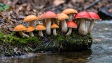 A cluster of colorful mushrooms growing near the e upscaled 4