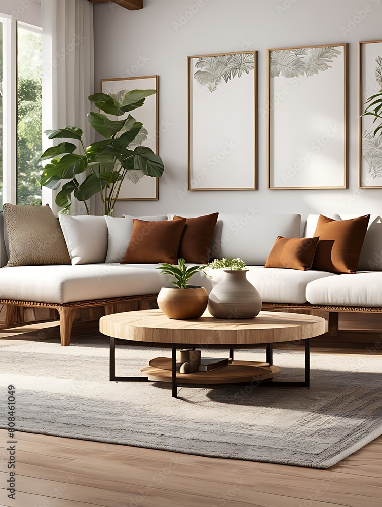  Boho interior design of modern living room, home. Wooden round coffee table with clay vase on it near white sofa with brown pillows. 