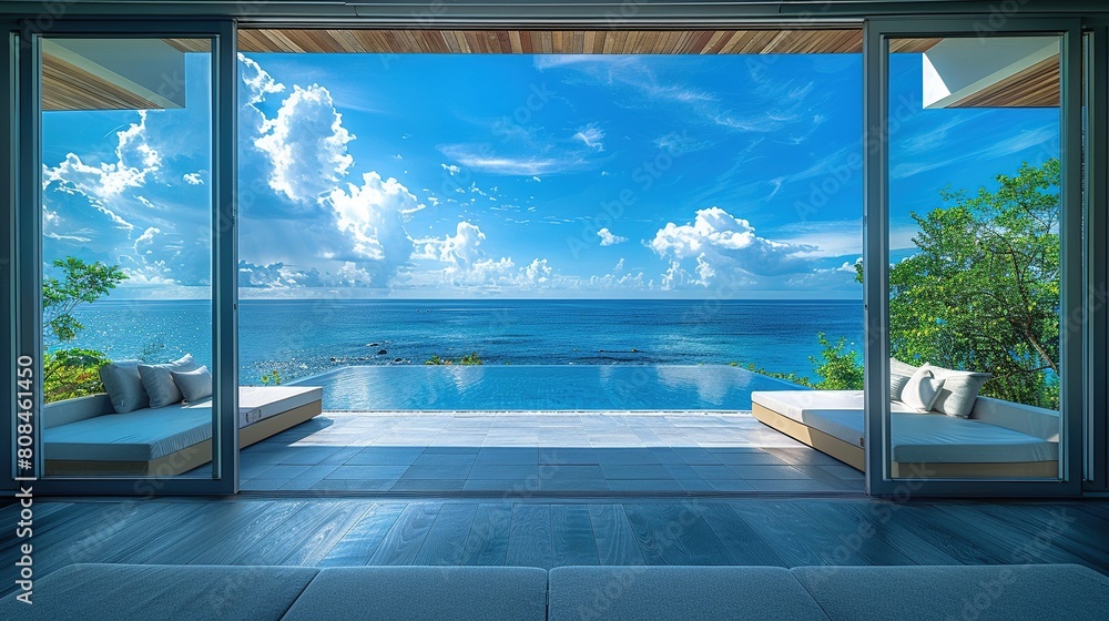 The open window of the villa offers a view of the sea. An idyllic picture of relaxation and tranquility. Generative AI