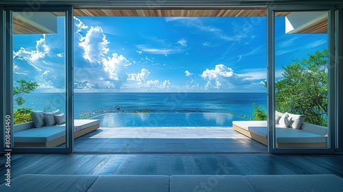 The open window of the villa offers a view of the sea. An idyllic picture of relaxation and tranquility. Generative AI