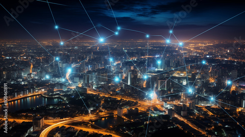 Wireless network and Connection technology concept with Bangkok city background at night in Thailand, panorama view. 