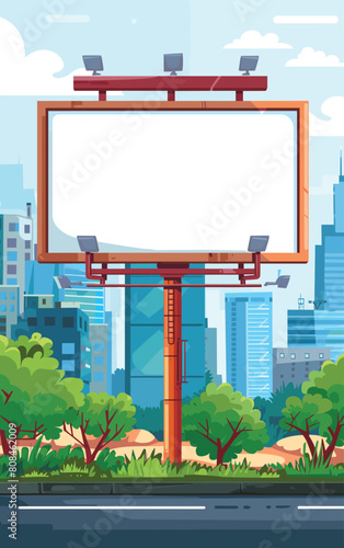 Billboard empty ready advertising beside city road, clear blue sky, urban landscape background. Large outdoor advertising structure blank space, street traffic, advertisement mockup cityscape. Empty
