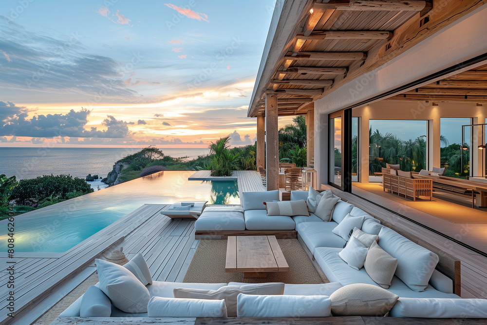 Fototapeta premium Elegant Coastal Living Room in a Minimalist Design with Natural Materials and Dusk Lighting, Focusing on Sustainability and Comfort