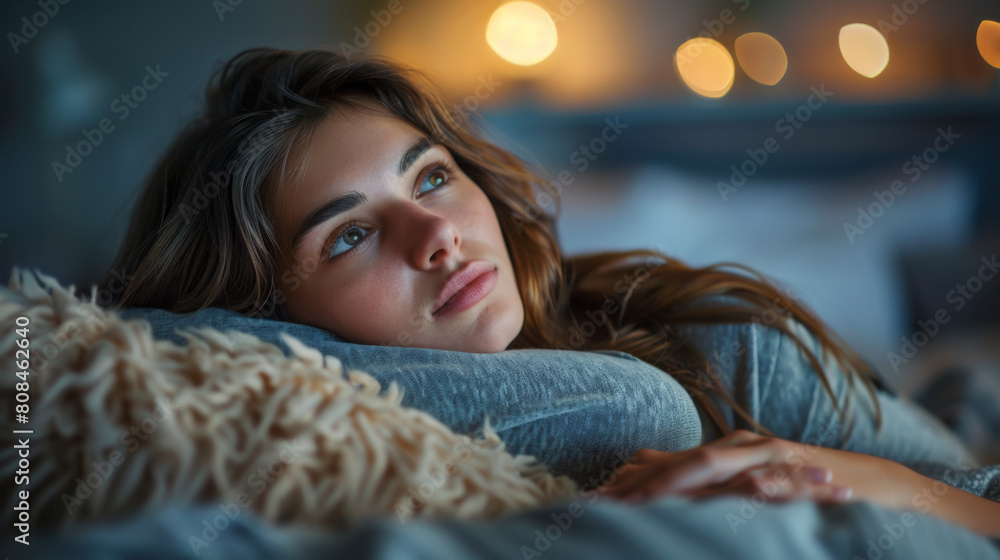A thoughtful young woman lying in bed, gazing with a dreamy expression, surrounded by soft lighting. A thoughtful young woman lying in bed, gazing with a dreamy expression, surrounded by soft lighting.