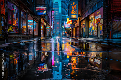 Illuminated Advertisements Reflected on Wet Asphalt in a Desolate Urban Street