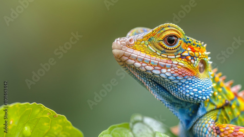 A close-up of a colorful chameleon with intricate scales, perched alertly on a lush green leaf. photo