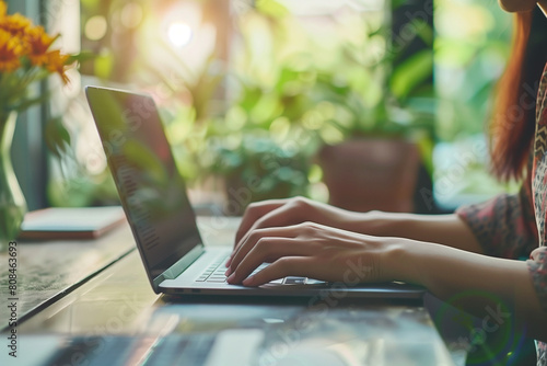 Focused female entrepreneur engaged in work on her laptop in a modern workspace