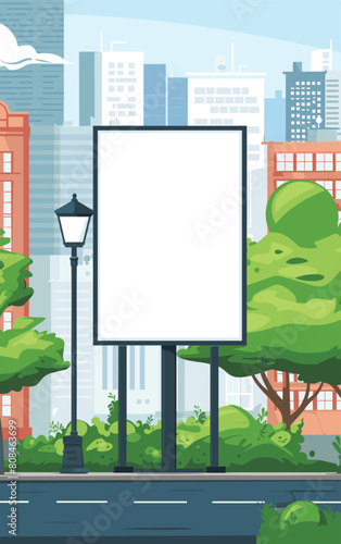 Urban billboard blank empty space advertising. Cityscape background buildings trees street lamp. Advertisement board mockup downtown scene bright daylight
