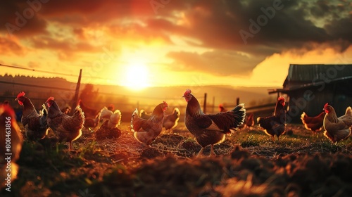 A vibrant scene of chickens freely roaming in a farmyard as the sun sets dramatically in the background, casting a golden glow over the landscape. photo
