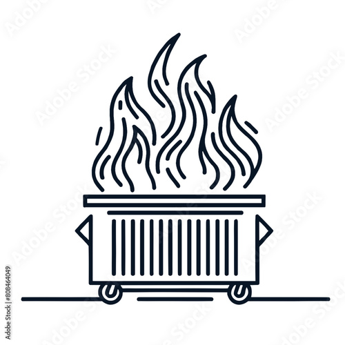 Outlined Icon of a Burning Dumpster, Graphic Symbol for Danger, Waste Management, or Urban Issues