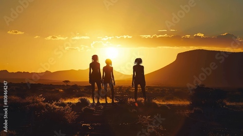 Silhouettes of African aborigines at sunset, showing female tribe members in a desert landscape, Ai Generated photo