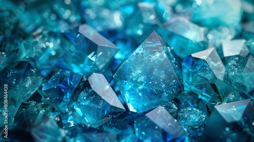 A background of faceted gemstones in cool blues and greens  creating a sense of depth and mystery.