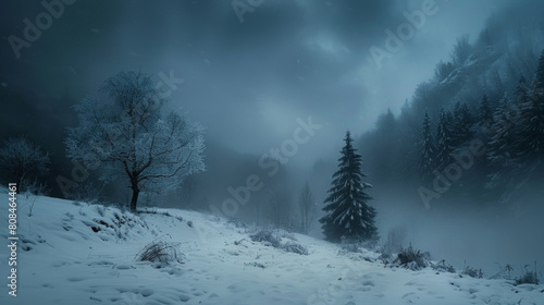 A serene, moody winter landscape with snow-covered trees and a foggy mountain backdrop.