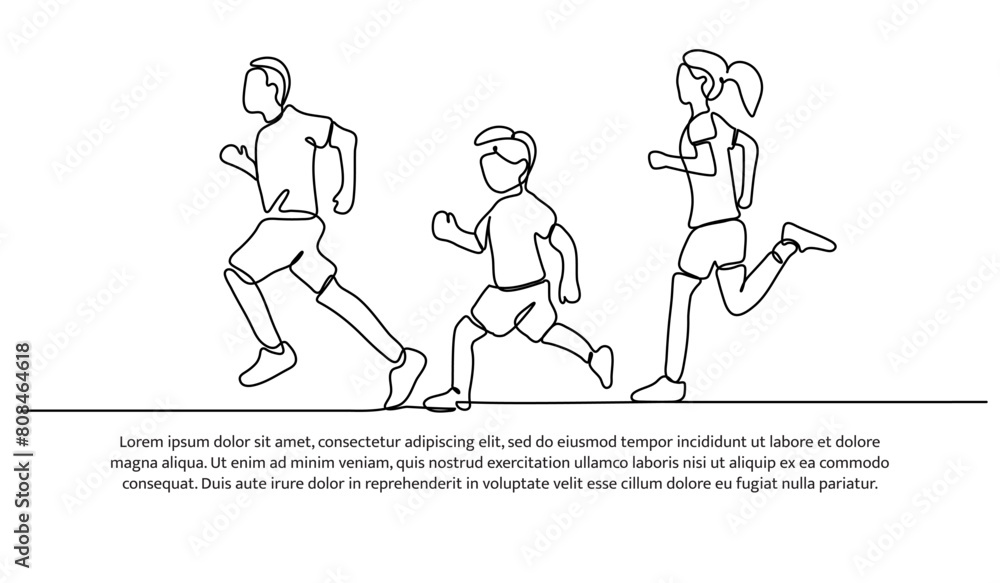 Continuous line design of family running together. Single line decorative elements drawn on a white background. Continuous line design of family running together. Single line decorative elements drawn on a white background.