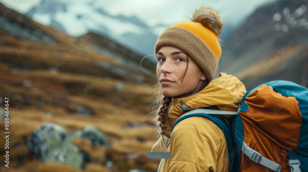 Portrait of a young female hiker with a backpack traversing a rugged mountainous landscape in cold weather. Portrait of a young female hiker with a backpack traversing a rugged mountainous landscape in cold weather.