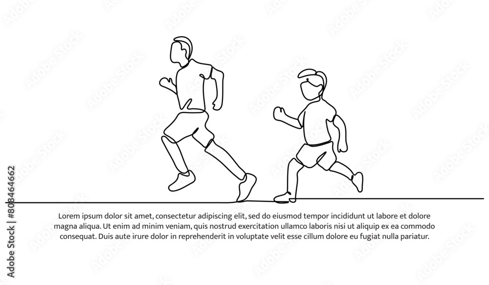 Continuous line design of brother and sister jogging together.Single line decorative elements drawn on a white background. Continuous line design of brother and sister jogging together.Single line decorative elements drawn on a white background.