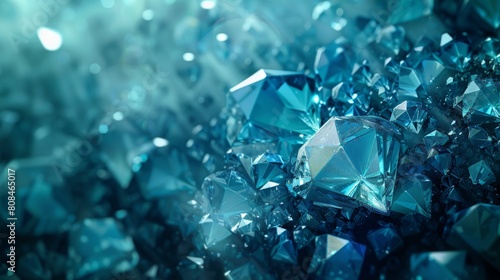 A background of faceted gemstones in cool blues and greens  creating a sense of depth and mystery.