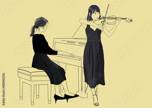 ピアノとバイオリン演奏女性イラスト
