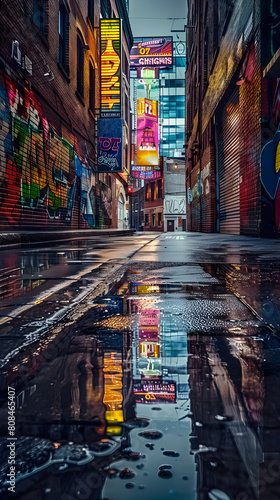 Illuminated Advertisements Reflected on Wet Asphalt in a Desolate Urban Street © Tyler