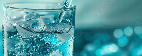 Closeup action shot of a strong electrolyte drink being poured into a glass with ice, emphasizing coolness and refreshment, photorealistic