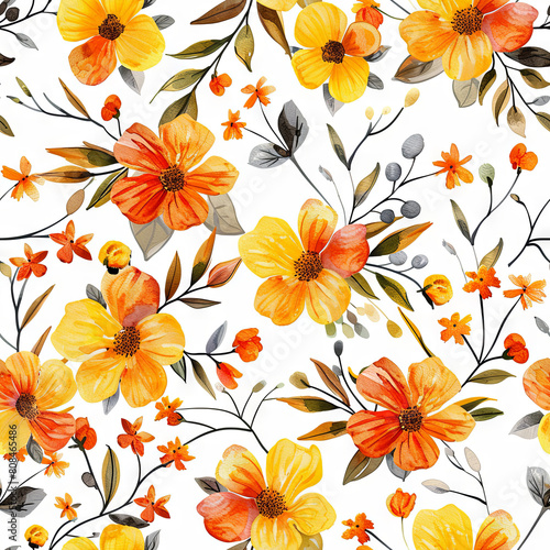 Wallpaper Mural Bright Yellow and Orange Flowers Resembling Citrus Blossoms with Green Leaves on a Clean White Background Torontodigital.ca