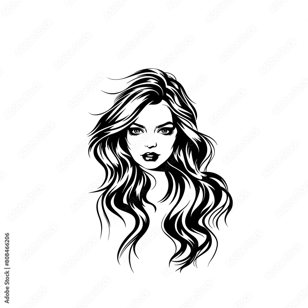 a black and white drawing of a woman s face with long hair