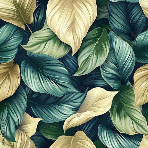 Stylish Green Leaves with Gold Veins Against a Dark Background