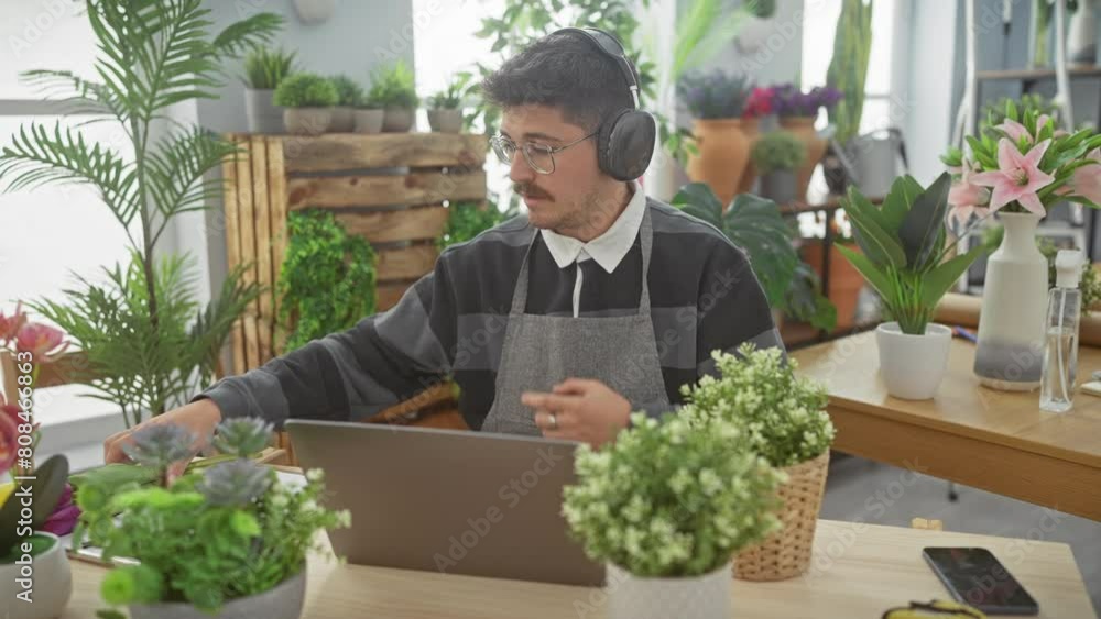 Hispanic man with moustache wearing headphones arranges flowers in a flower shop, using laptop for assistance. Hispanic man with moustache wearing headphones arranges flowers in a flower shop, using laptop for assistance.