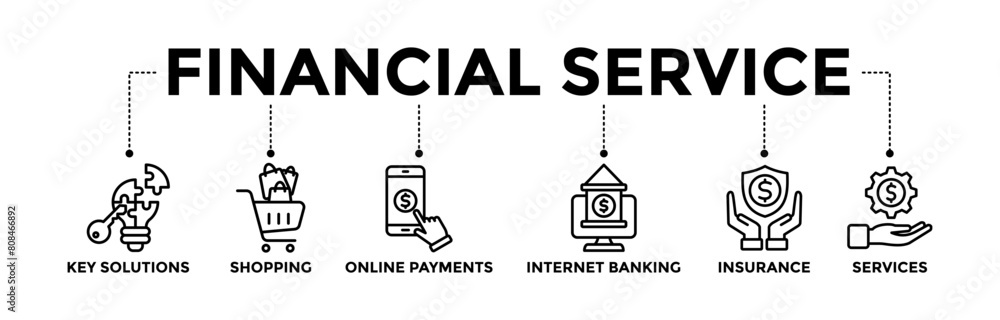 Financial service banner icons set with black outline icon of key solutions, shopping, online payments, internet banking, insurance, and services Financial service banner icons set with black outline icon of key solutions, shopping, online payments, internet banking, insurance, and services