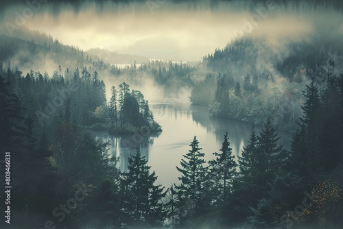 Beautiful view of forest and river vintage © Koplexs-Stock