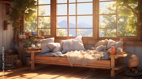 A cozy wooden daybed nestled by a sunny window, offering a tranquil spot for relaxation and daydreaming photo