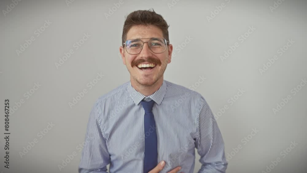 Humor-packed portrait of a cheerful young hispanic guy laughing out loud, bursting with joy from a funny joke. smiling face, glasses-wearing, on an isolated white background! Humor-packed portrait of a cheerful young hispanic guy laughing out loud, bursting with joy from a funny joke. smiling face, glasses-wearing, on an isolated white background!