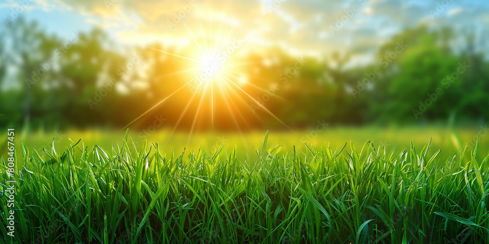 Fototapeta premium green grass at sunset, sunset on a meadow in rural in springtime