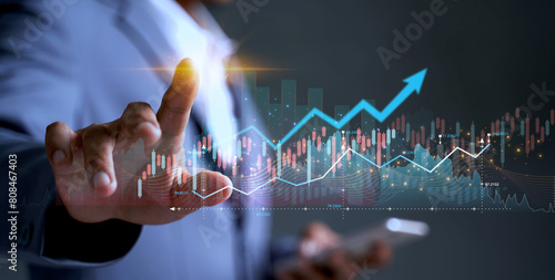 business evolution Development curve in the field of investment in international and global trade Investor's creative solutions or ideas The stock market's corporate growth graph points to the target.