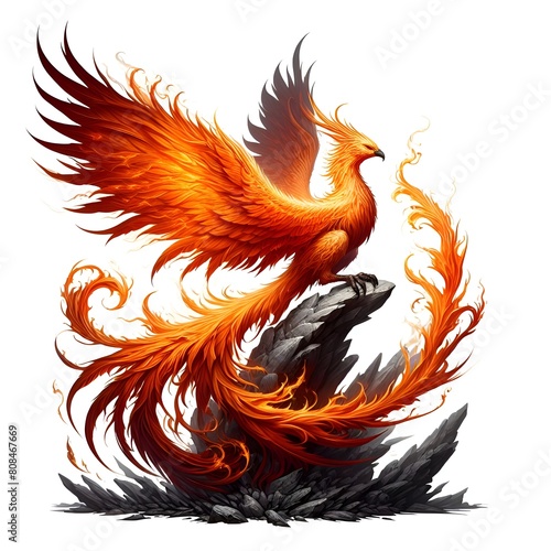 a fiery phoenix from the front with open wings and a white background