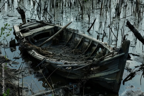 The decaying wreckage of a shipwreck submerged in the murky depths of a swampy marshland  its silent waters hiding untold secrets and lost treasures  Generative AI 