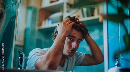 A young Caucasian man carefully styling his wet hair in front of a mirror in a vintage blue-tiled bathroom