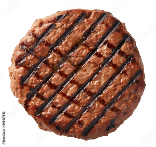 freshly grilled burger meat isolated on white background, top view