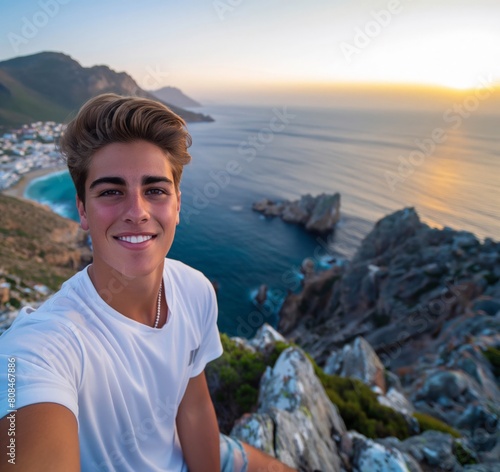 Smiling young Caucasian male taking a selfie with a breathtaking coastal sunset in the background, exemplifying joy and travel adventure