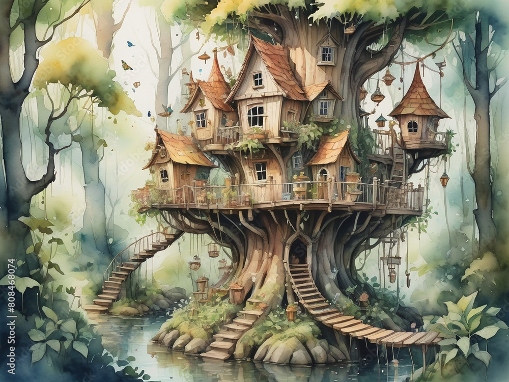 Fototapeta premium A magical treehouse village inhabited by woodland fairies, in a whimsical watercolor style - generated by ai