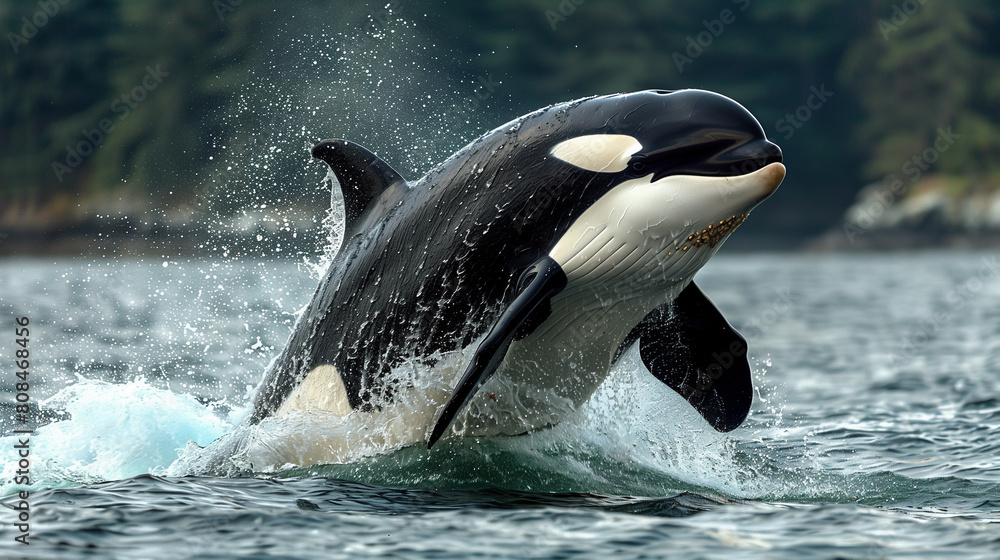 Fototapeta premium Ocean giant Orca whale jumping into the air.