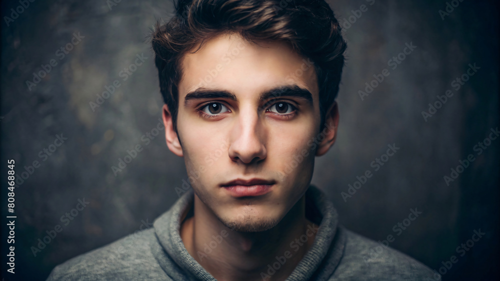 Serious guy with confident expression, dark hair, and intense gaze in close-up portrait Serious guy with confident expression, dark hair, and intense gaze in close-up portrait